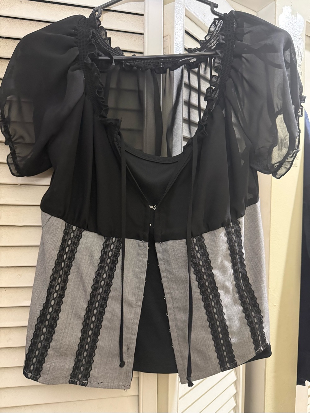 BCX Black Sheer Puff Sleeve Corset-Inspired Blouse